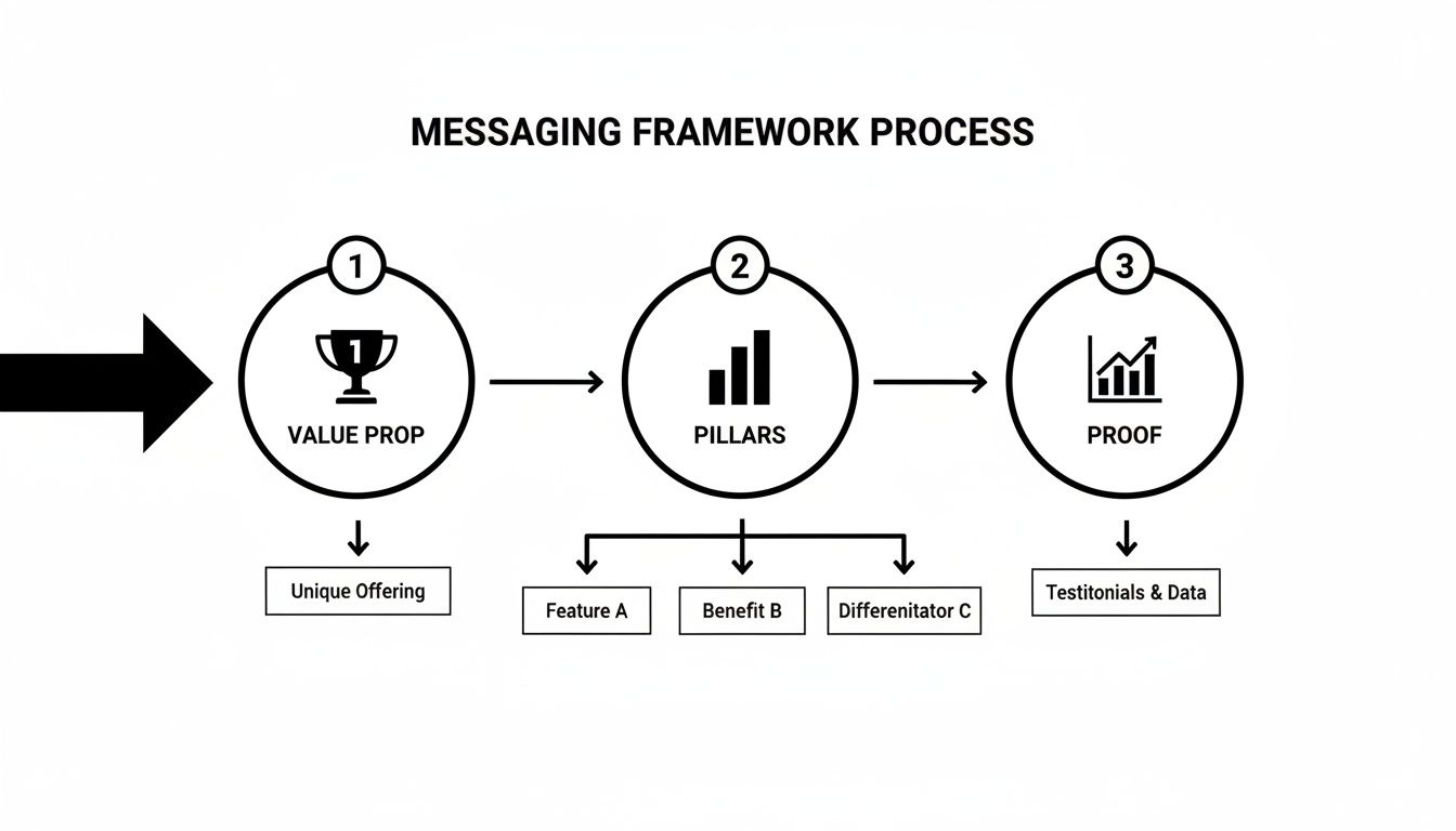 A diagram illustrating the messaging framework process with steps: Value Prop, Pillars, and Proof.