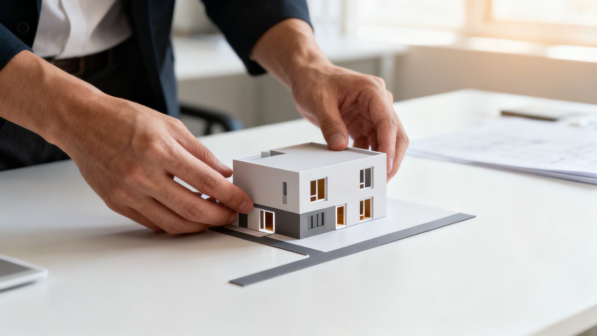 Hands of an architect or real estate agent carefully adjusting a modern house model on a white desk.