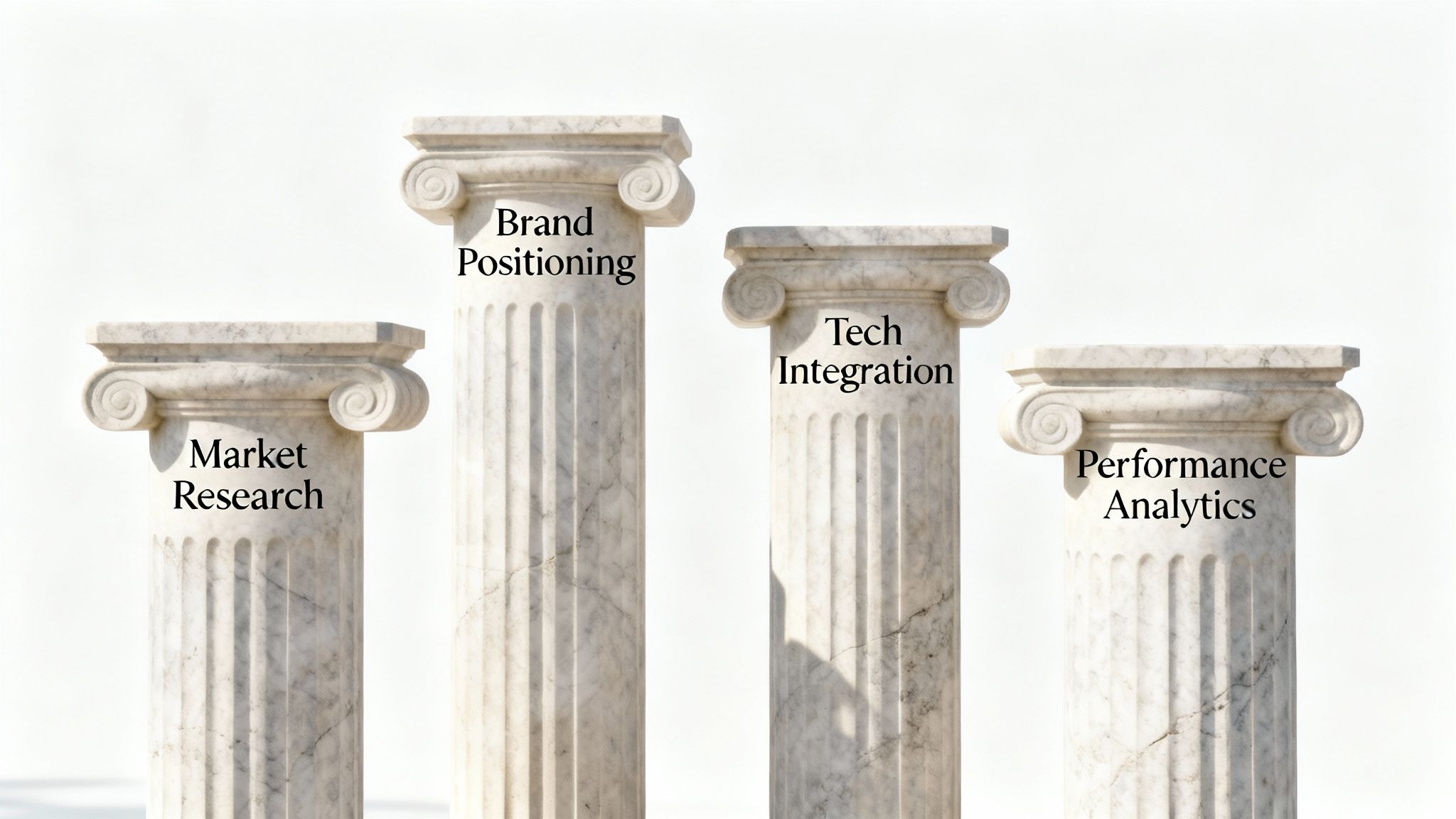 Marketing consultant explaining the four pillars of services on a whiteboard