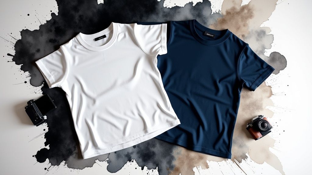 White and navy blue t-shirts with cameras on a creative white background with ink art.