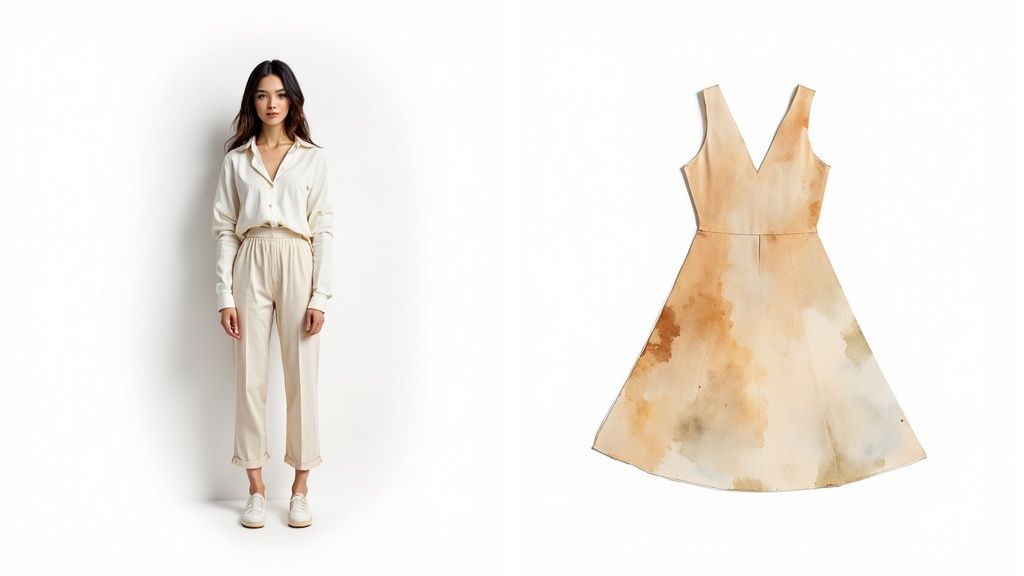 A woman in cream separates next to a V-neck fit-and-flare dress with an abstract watercolor pattern.