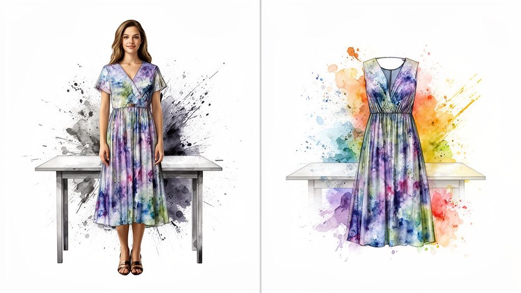 Woman in a vibrant watercolor midi dress with a V-neck and short sleeves stands by a table.