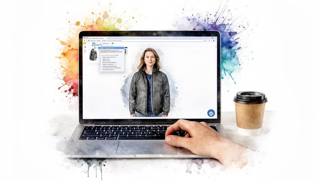 A laptop screen shows a woman in a jacket with a clothing organizer application, next to a coffee cup.