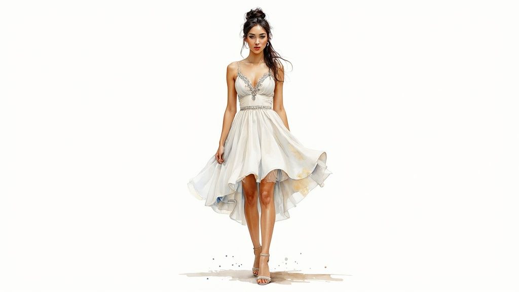 A full-body shot of a young woman in a white high-low cocktail dress and high heels.