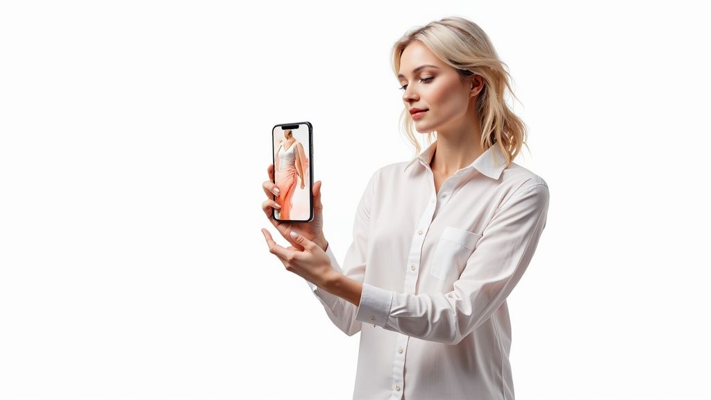A blonde woman holds a smartphone displaying a virtual outfit, engaging with a fashion app.