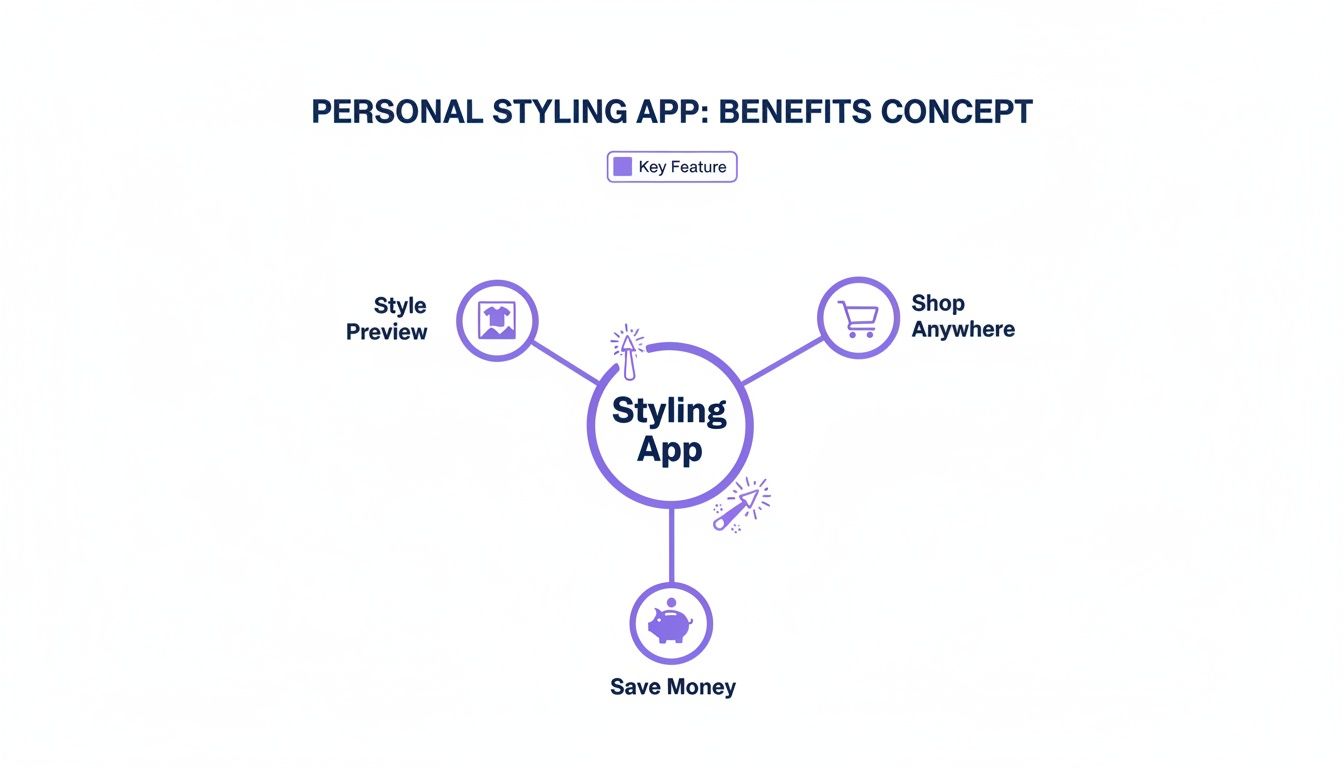 A concept diagram illustrates the key benefits of a personal styling app, including style preview, shopping anywhere, and saving money.