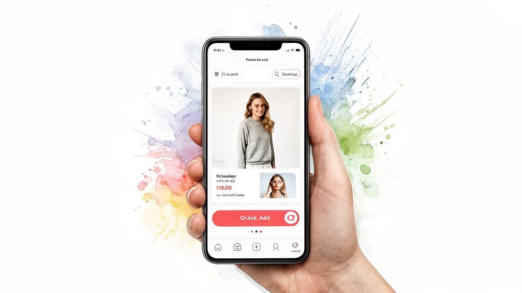 Hand holding a smartphone displaying an e-commerce product page with a woman's sweater and a 'Quick Add' button, against a watercolor background.