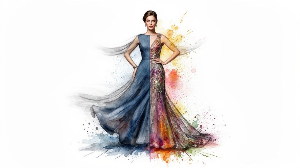 A woman models a dress, half blue watercolor gown and half vibrant, artistic sequined design.