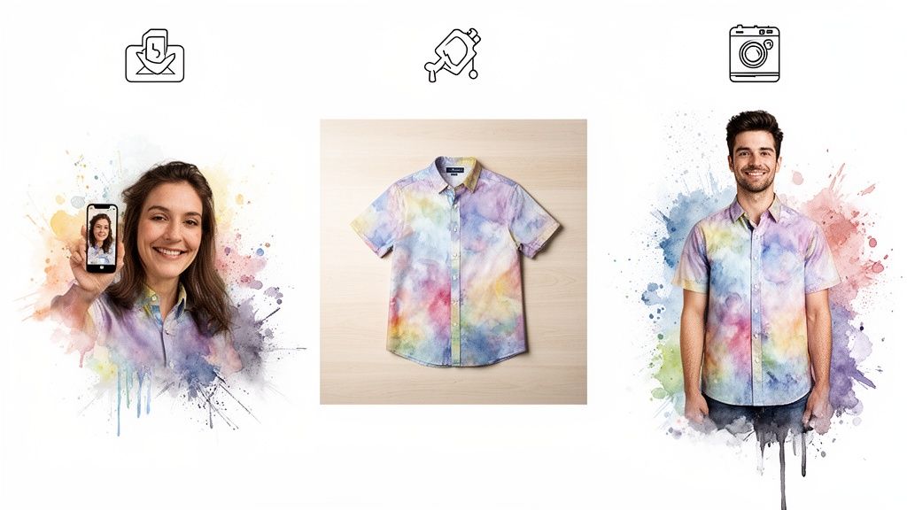 Three images depicting virtual shirt design process: woman with phone, tie-dye shirt, and man wearing it.