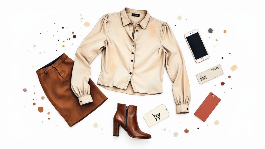 Flat lay fashion photography featuring beige blouse, brown skirt, ankle boots and accessories on white background