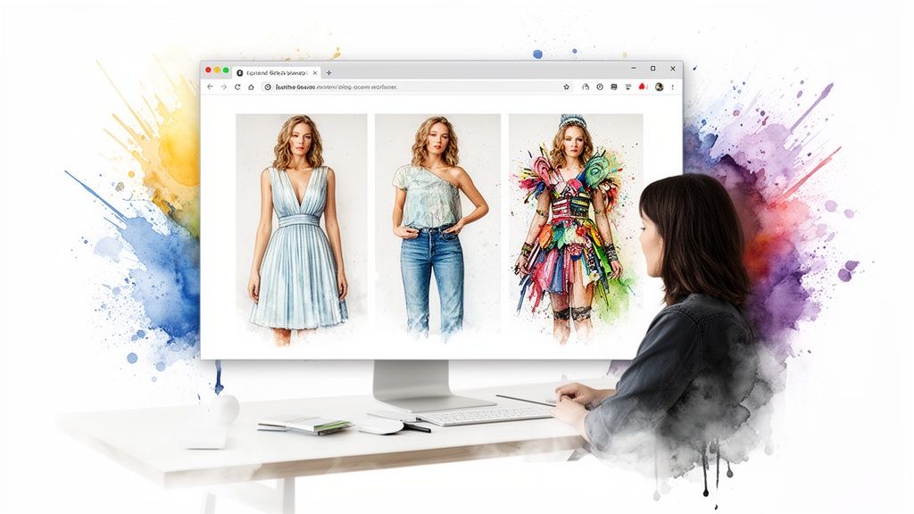 Woman viewing virtual outfits on a computer screen, surrounded by artistic watercolor splashes.
