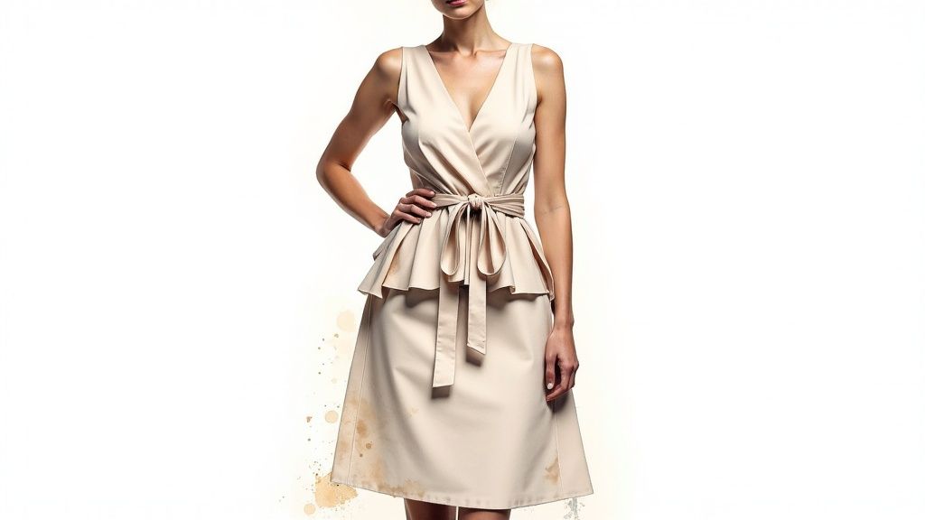 A woman in a beige sleeveless dress with a V-neck and a tied waist, standing against a white background.
