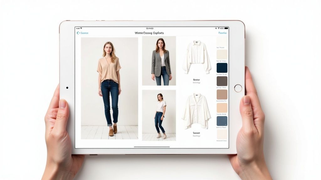Hands holding a tablet displaying a fashion app with various clothing items and color options.