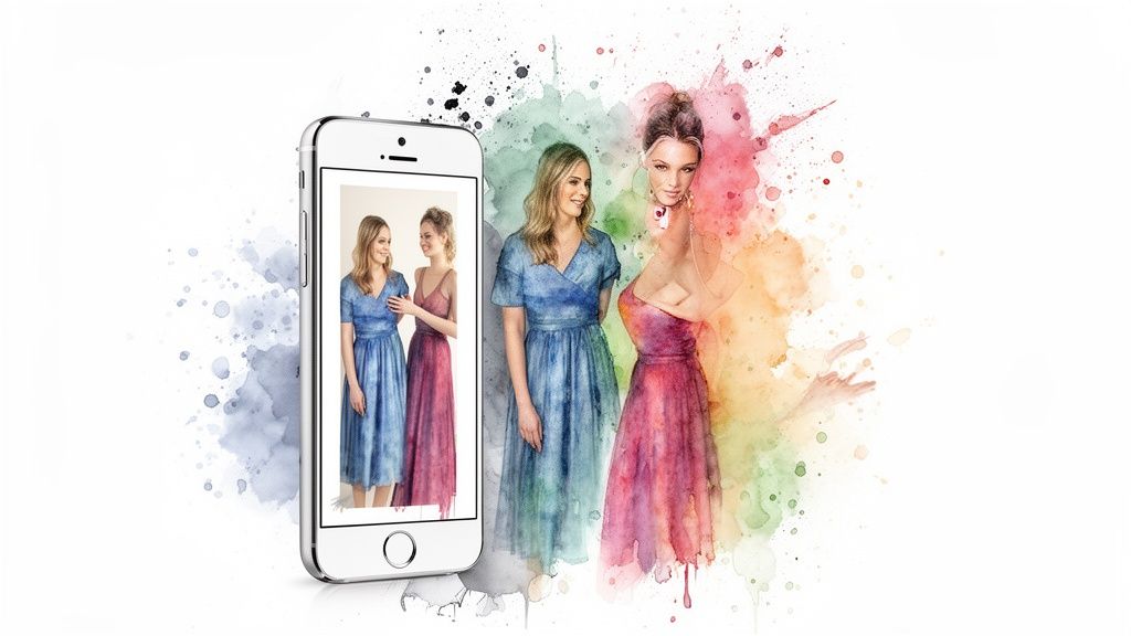 Smartphone showing women in dresses, transforming into colorful watercolor fashion art.
