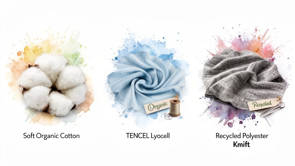 Three images showcasing sustainable fabrics: organic cotton, TENCEL Lyocell, and recycled polyester.