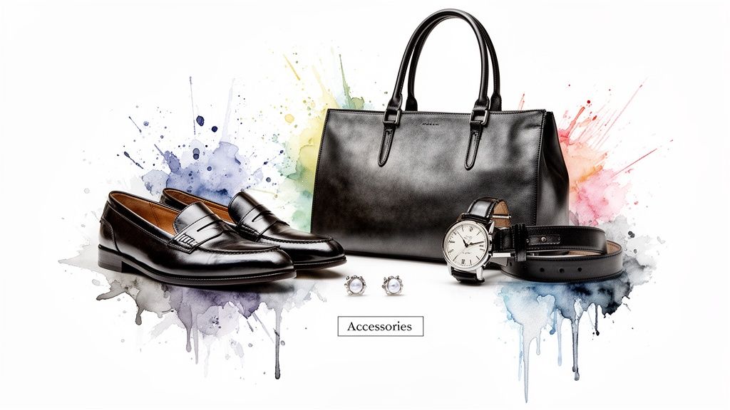 A collection of men's semi-formal accessories including black shoes, bag, watch, belt, and cufflinks.