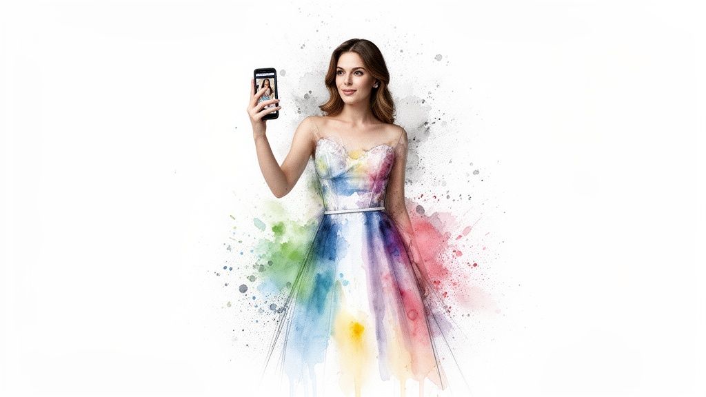 Woman in a vibrant, rainbow watercolor dress taking a selfie with her phone.