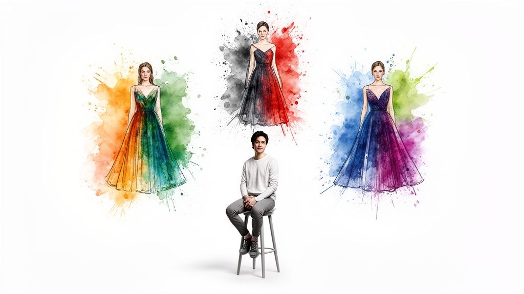 Three watercolor fashion sketches of women in elegant, colorful gradient dresses, with a man sitting.