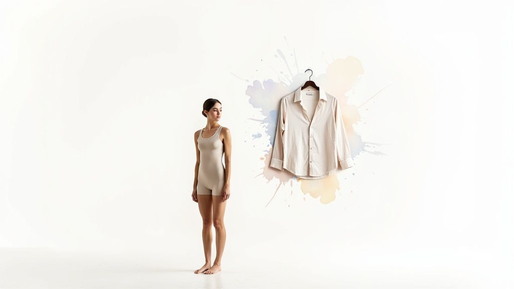 A woman in a beige bodysuit looks at a cream button-up shirt on a hanger with watercolor splashes.