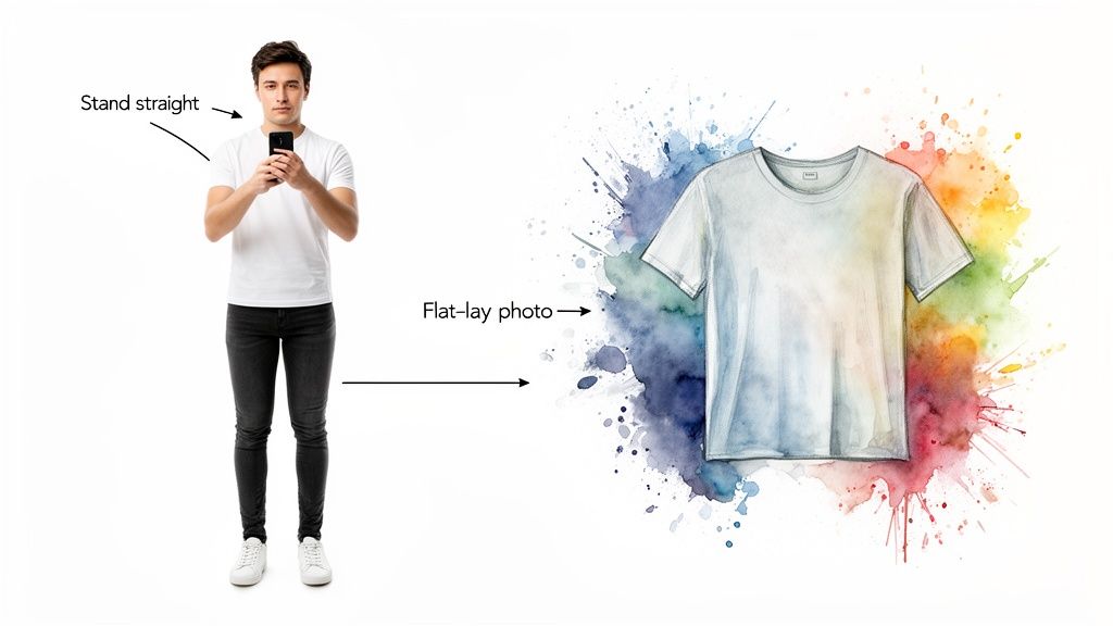 Man taking a picture of his white t-shirt, illustrating how to create a flat-lay photo for product display.