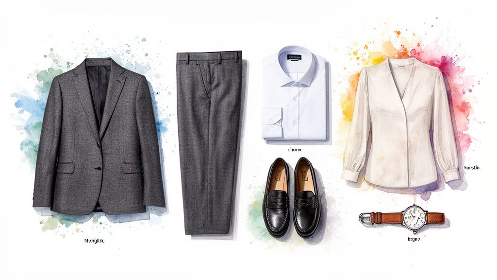 Semi-formal business attire flat lay: grey suit jacket, trousers, white shirt, black loafers, women's blouse, and watch.