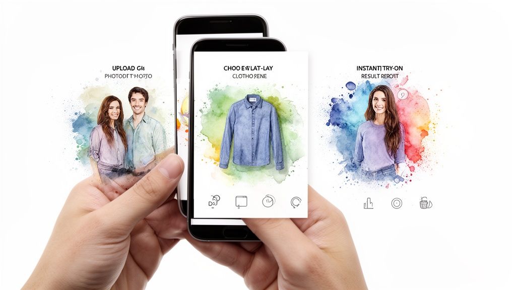 Hands hold smartphones demonstrating an AI personal stylist app for uploading photos, choosing clothes, and virtual try-on results.