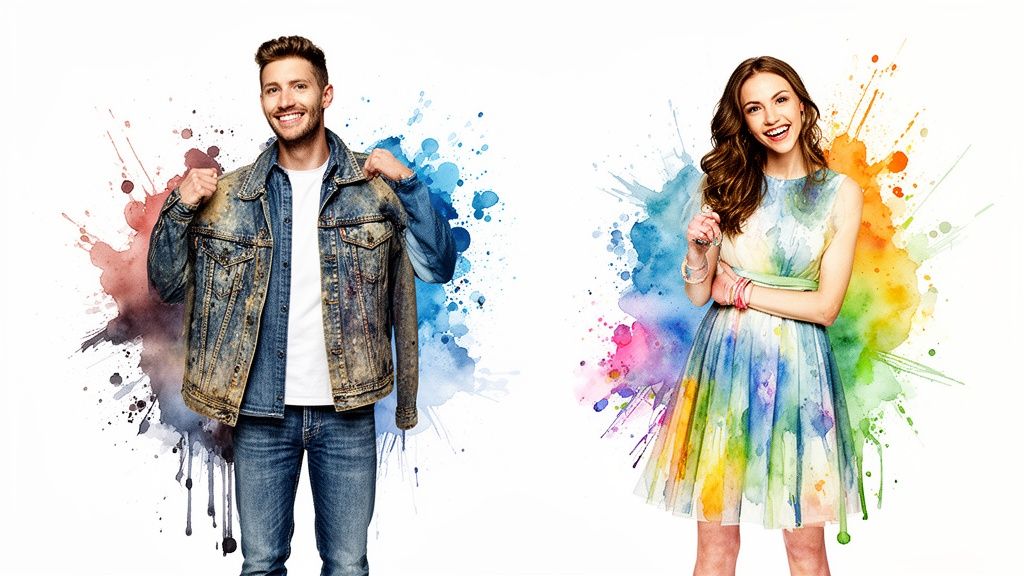 Two smiling people, a man in denim and a woman in a colorful dress, surrounded by paint splashes.