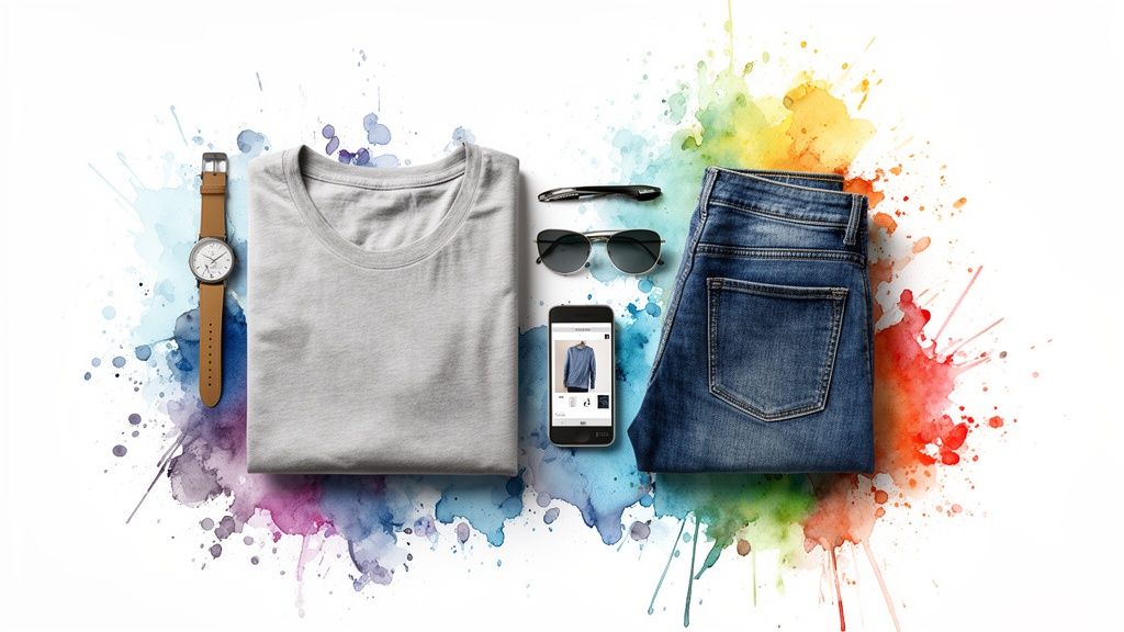 Flat lay of men's casual clothing and accessories including a t-shirt, jeans, watch, and sunglasses.