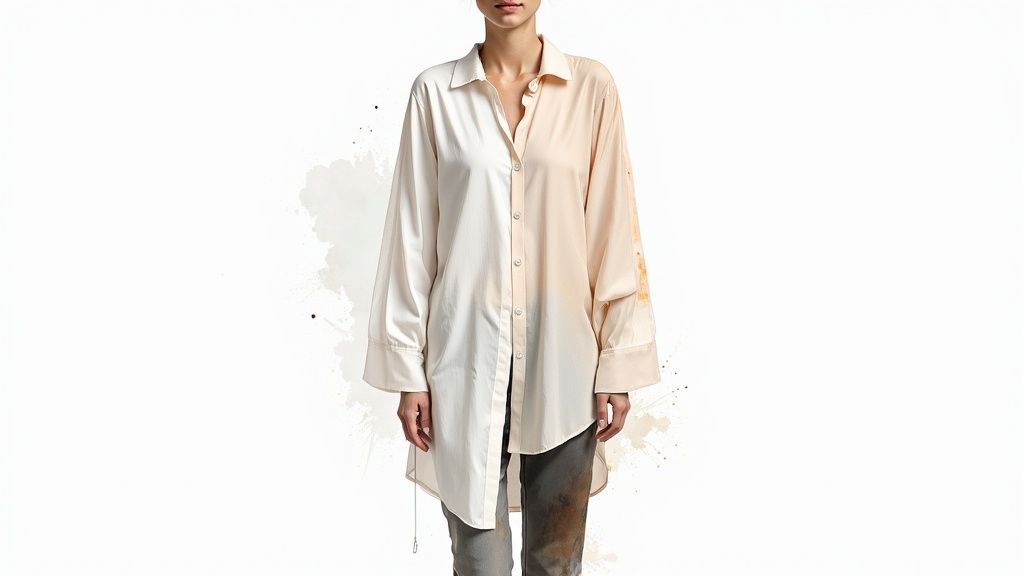A person wears an oversized, split-color button-up shirt, half cream and half peach, with dark pants.