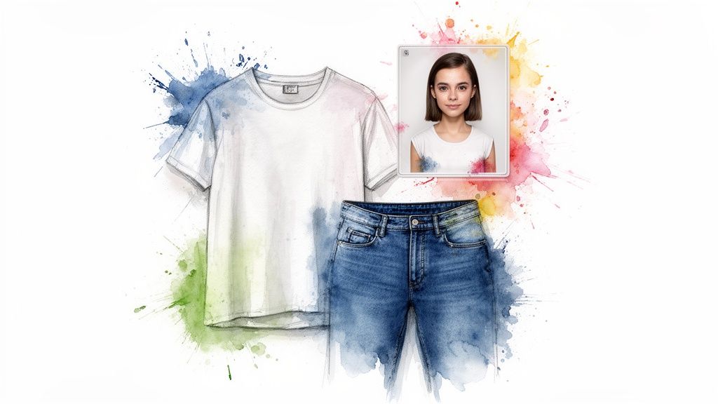 Watercolor-style white t-shirt, blue jeans, and a woman customizing her tee with colorful paint splatters.