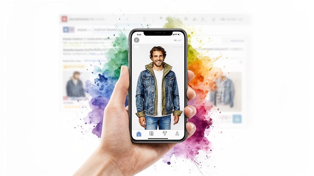 A hand holding a smartphone showing a smiling man wearing a denim jacket, surrounded by watercolor.