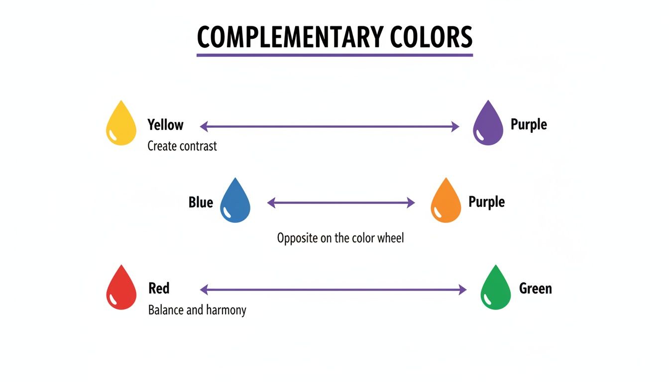 Diagram illustrating complementary color pairs: yellow and purple, blue and orange, red and green.