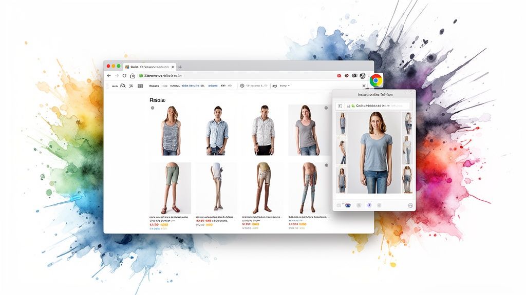 Browser window displaying an online fashion store with models and a virtual try-on app interface.