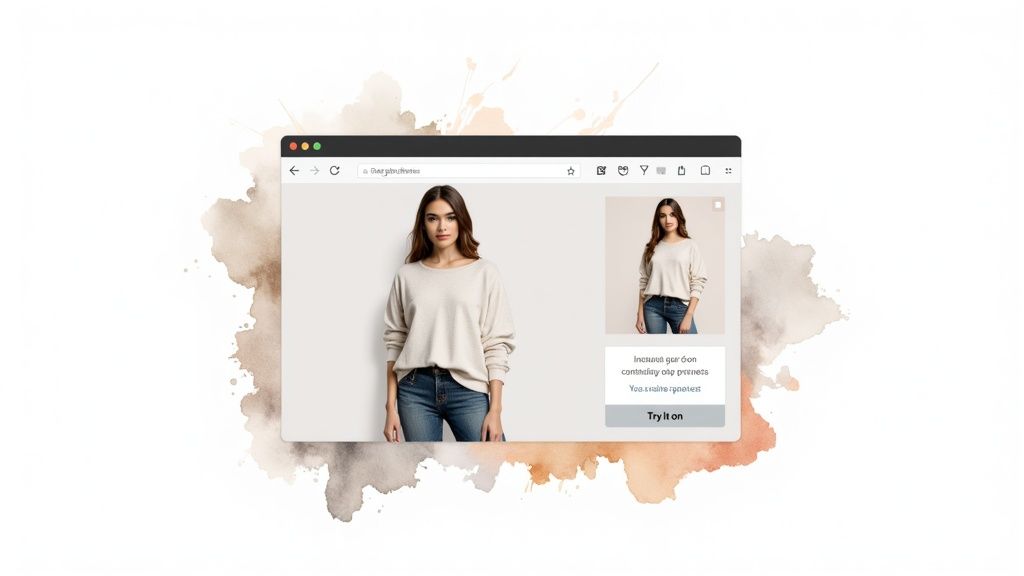 Virtual try-on interface showing woman in beige sweater and jeans with AR shopping feature