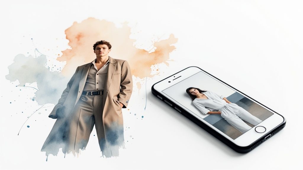 Stylish man in a beige suit next to a smartphone displaying a woman in a white jumpsuit.