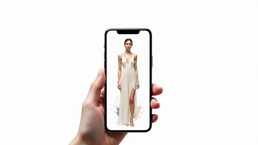 Hand holding smartphone displaying woman in elegant white dress using AI virtual try-on technology