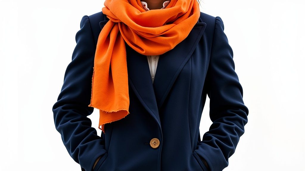 A person wearing a navy blue coat with a vibrant orange scarf tied around their neck, hands in pockets.