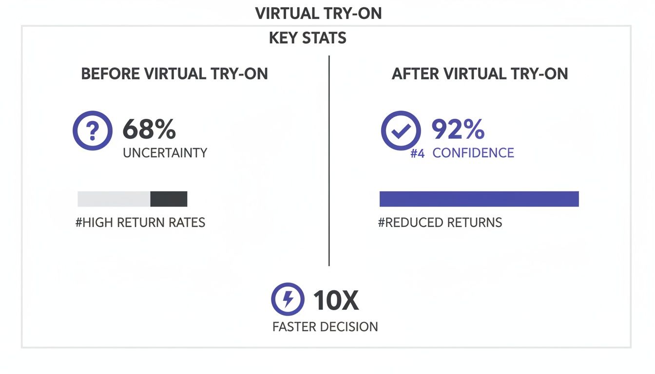 Infographic showing virtual try-on key stats: 68% uncertainty before, 92% confidence after, and 10x faster decision.