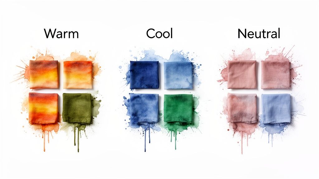Fabric swatches demonstrating warm, cool, and neutral color palettes with artistic watercolor backgrounds.