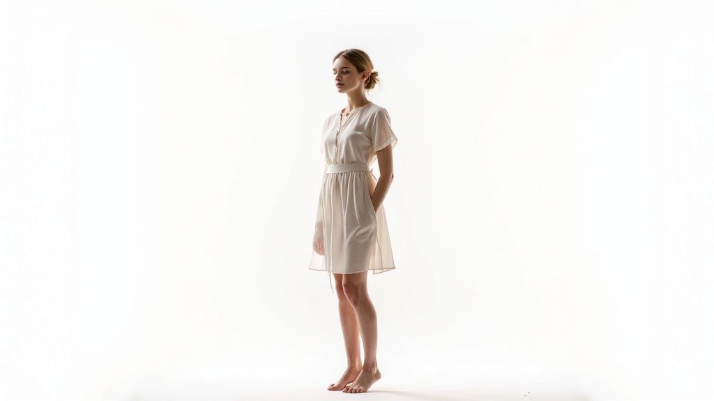 A young woman in a light dress stands barefoot against a white background, hands in pockets.