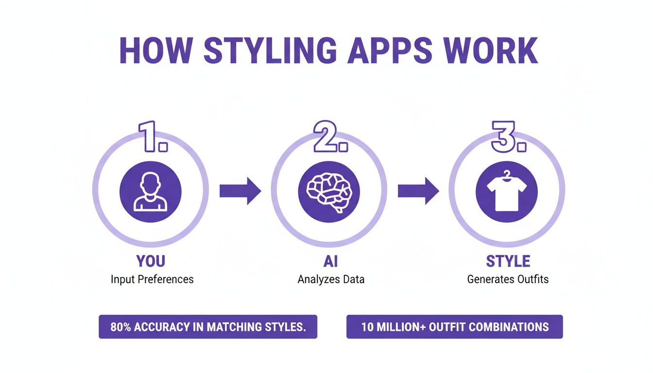 Infographic illustrating how styling apps work, from user input preferences to AI-generated outfits.