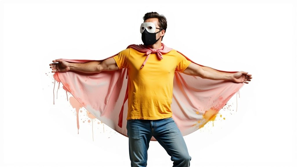 A man in a yellow t-shirt, jeans, a pink cape, and masks poses as a superhero with arms spread.