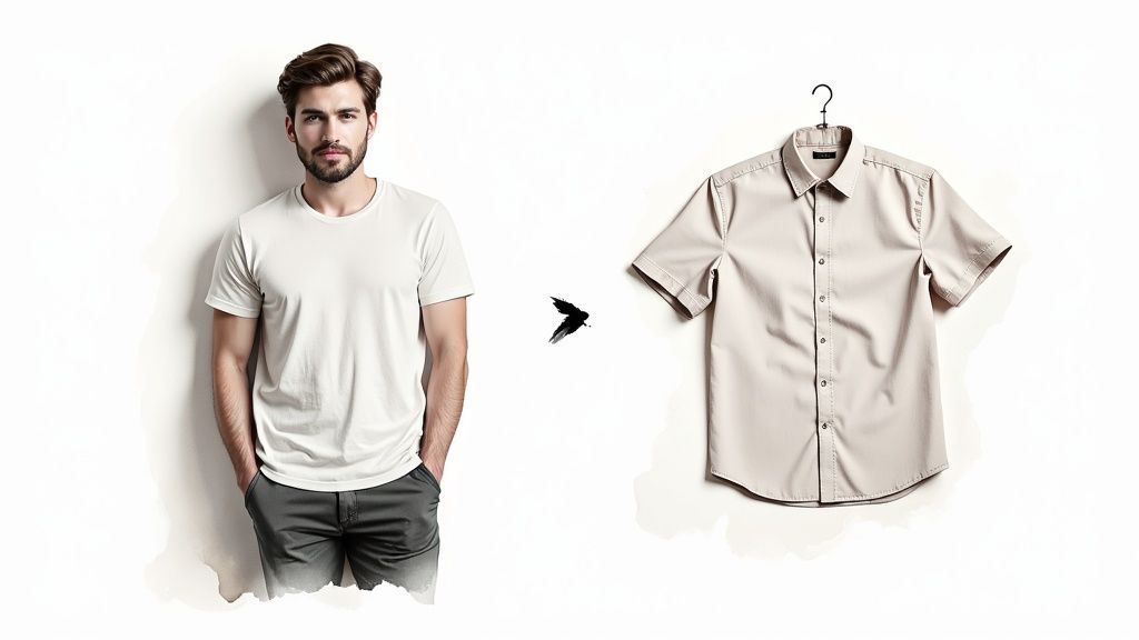 A man in a white t-shirt next to a hanging beige short-sleeved shirt, linked by a bird graphic.