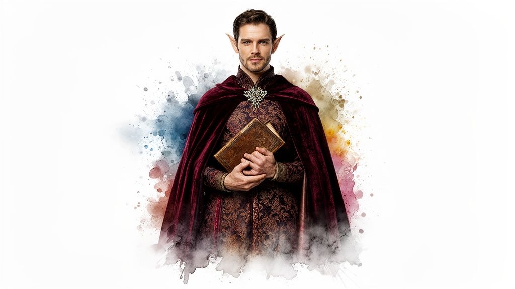 A fantasy elf in a rich burgundy cape and ornate tunic holds an ancient book.