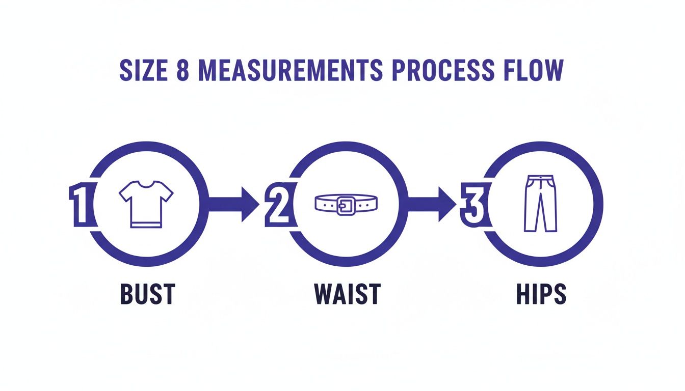 A process flow diagram illustrating size 8 body measurements for bust, waist, and hips.