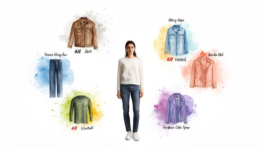 A woman in a white top and jeans surrounded by watercolor illustrations of various clothing options and brands.