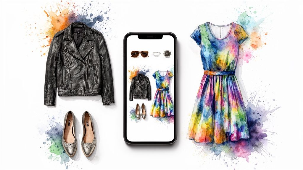 A smartphone screen displays a fashion app with watercolor illustrations of clothes and accessories.