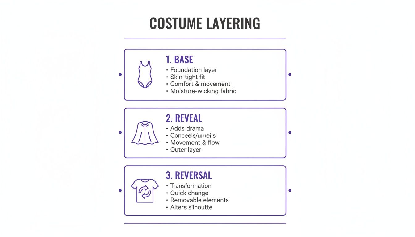 An infographic detailing three steps of costume layering: Base, Reveal, and Reversal, with descriptions and icons.