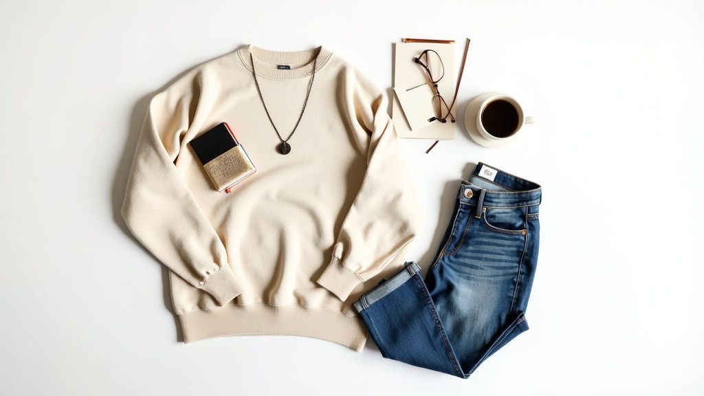 Flat lay of beige sweater, blue jeans, coffee cup, notebook, and accessories on white background