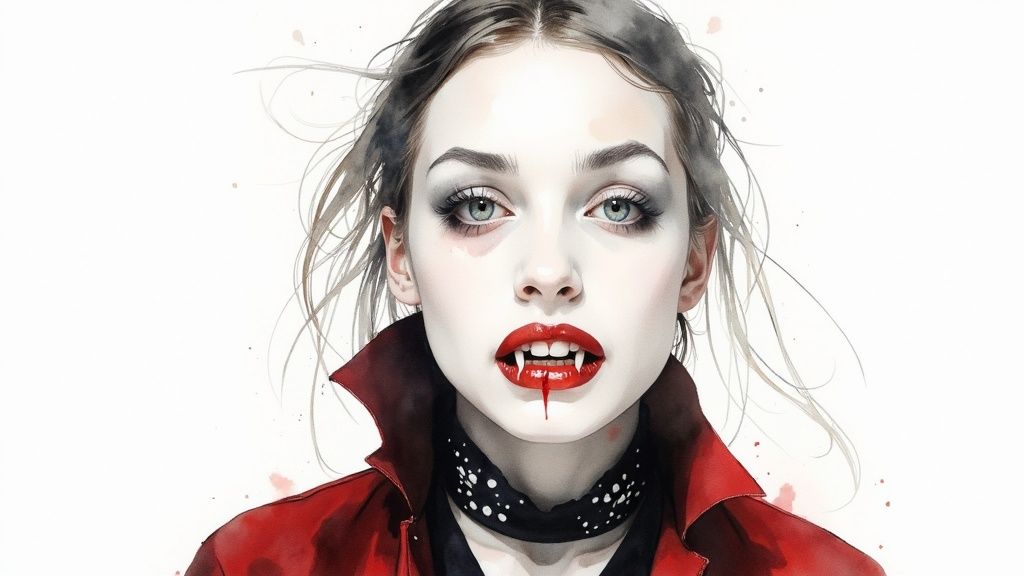 Watercolor illustration of a pale vampire woman with fangs, red lips, and dripping blood.